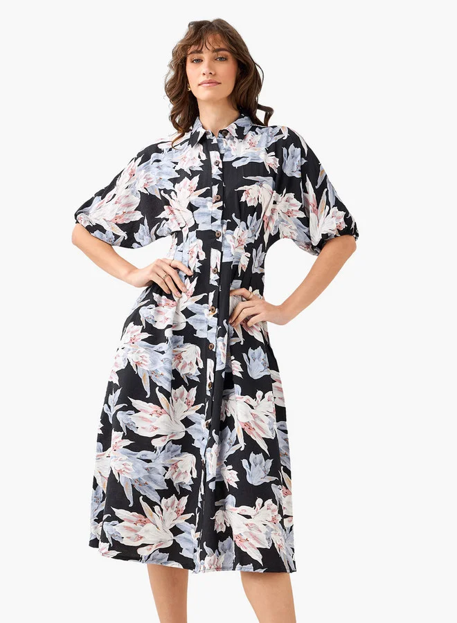 سبلاش فيڤ Floral Print Shirt Style Women Dress with Collar Viscose
